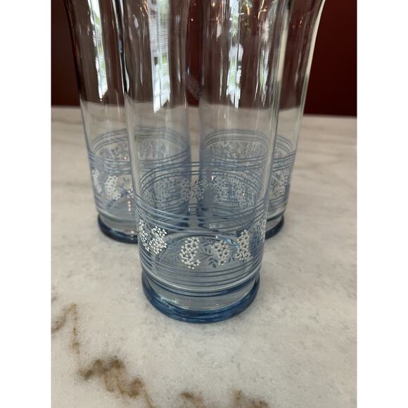 Libbey Blue Tumbler Glasses White Flowers Stripes 16 OZ Set of 3 vtg - Picture 3 of 8